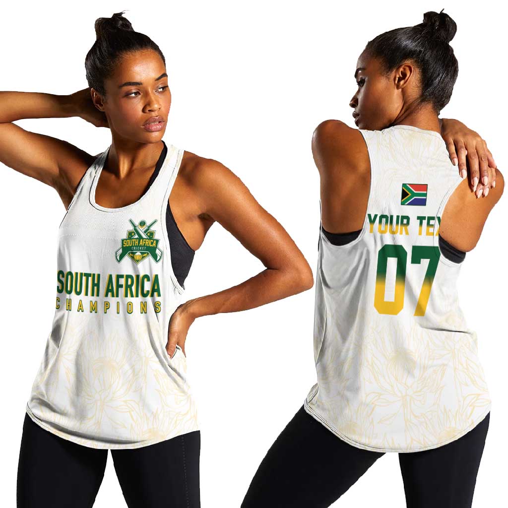 Custom South Africa Cricket Champion Women Racerback Tank Gold Proteas - All White - African Pride