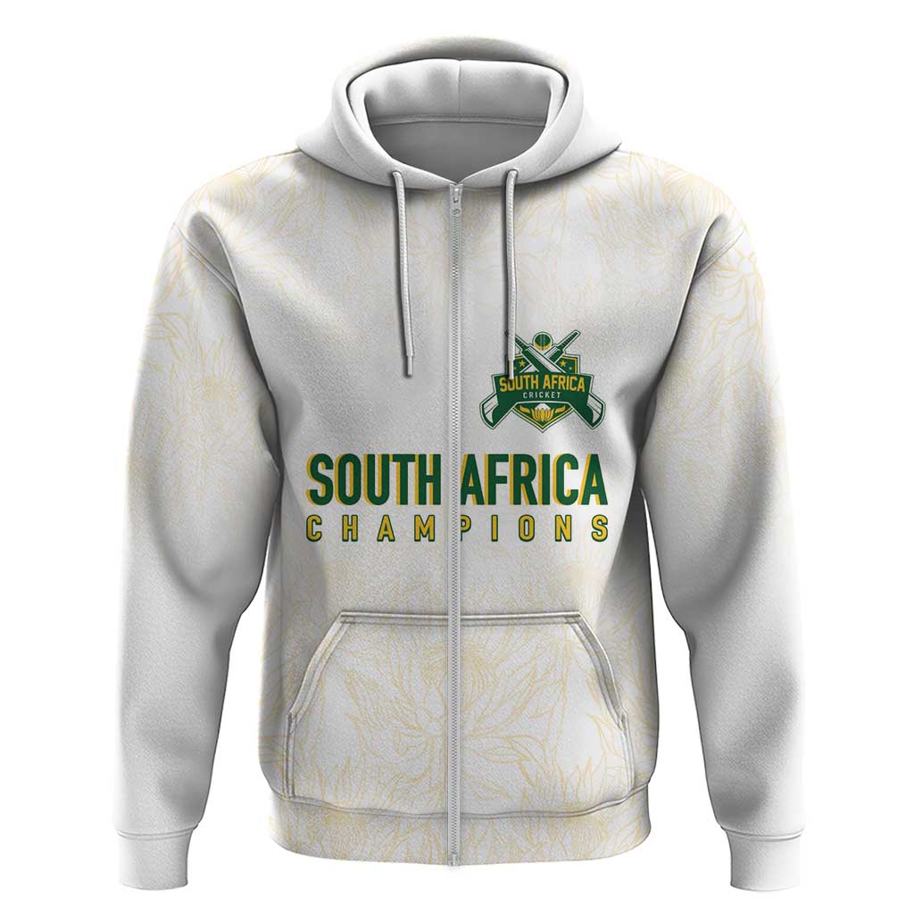 Custom South Africa Cricket Champion Zip Hoodie Gold Proteas - All White - African Pride