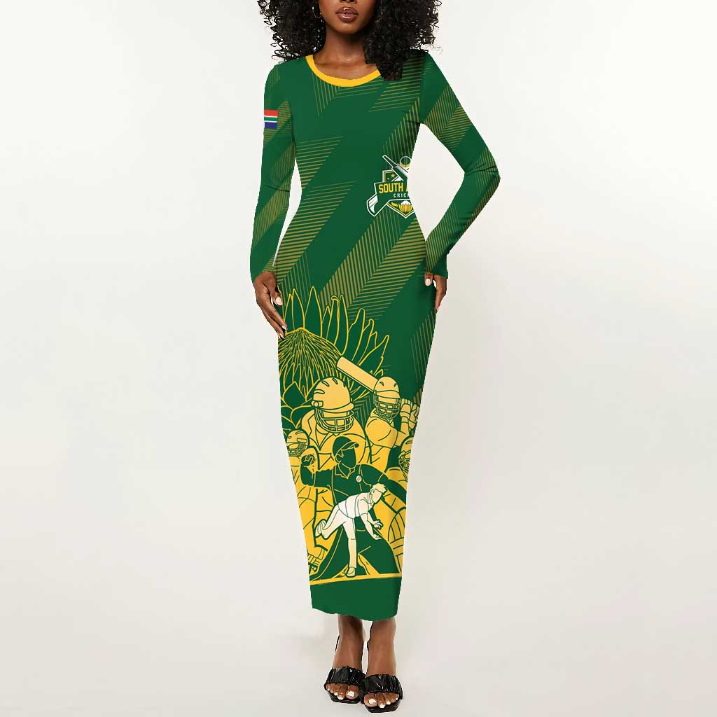 Custom South Africa Cricket Champion Long Sleeve Bodycon Dress Proteas Rock The World - African Pride