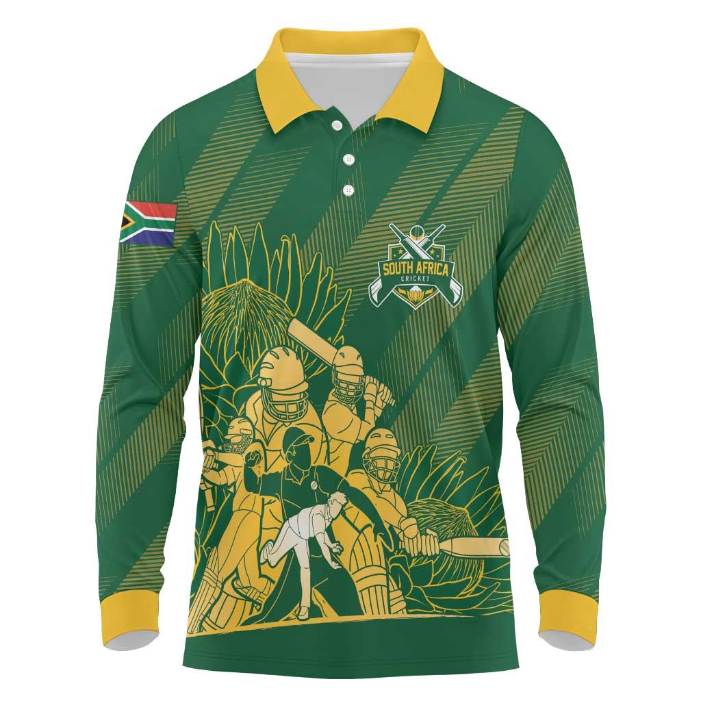 Custom South Africa Cricket Champion Long Sleeve Polo Shirt Proteas Rock The World - African Pride