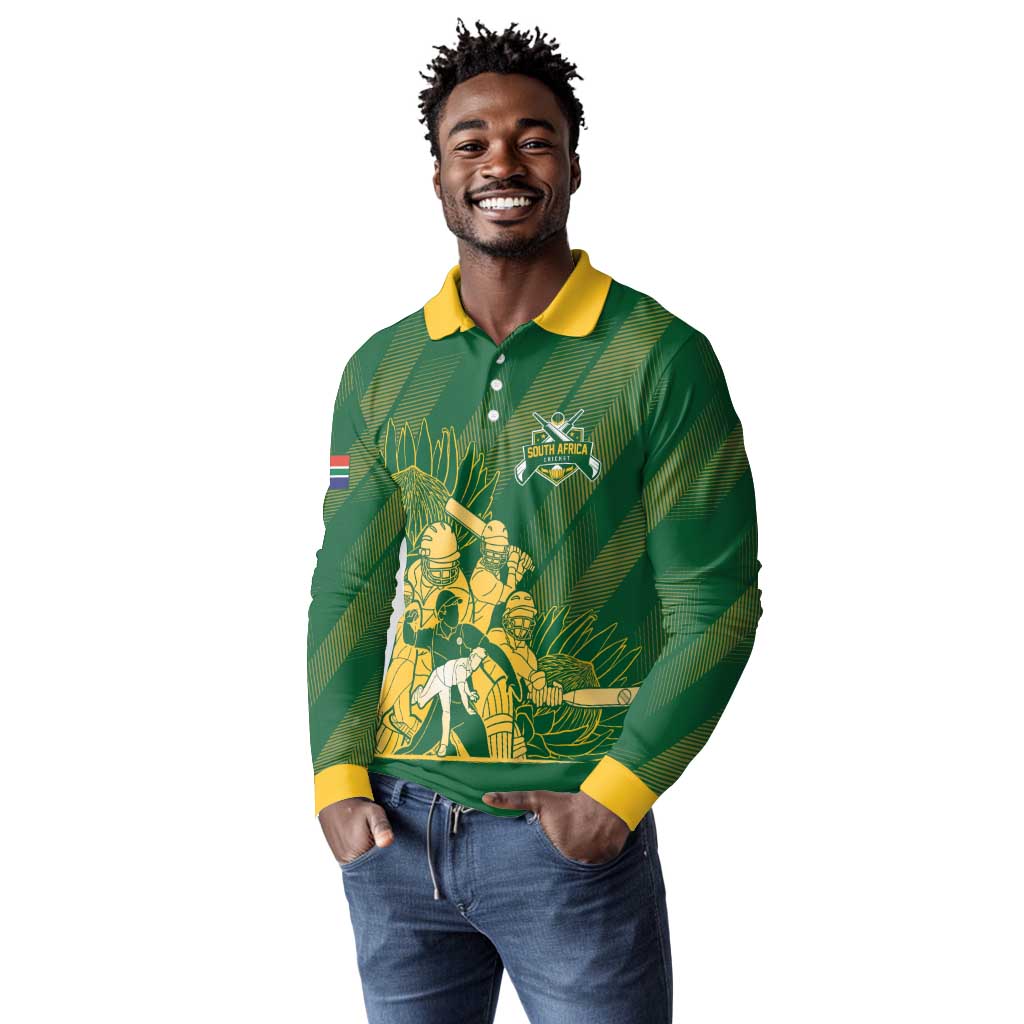 Custom South Africa Cricket Champion Long Sleeve Polo Shirt Proteas Rock The World - African Pride