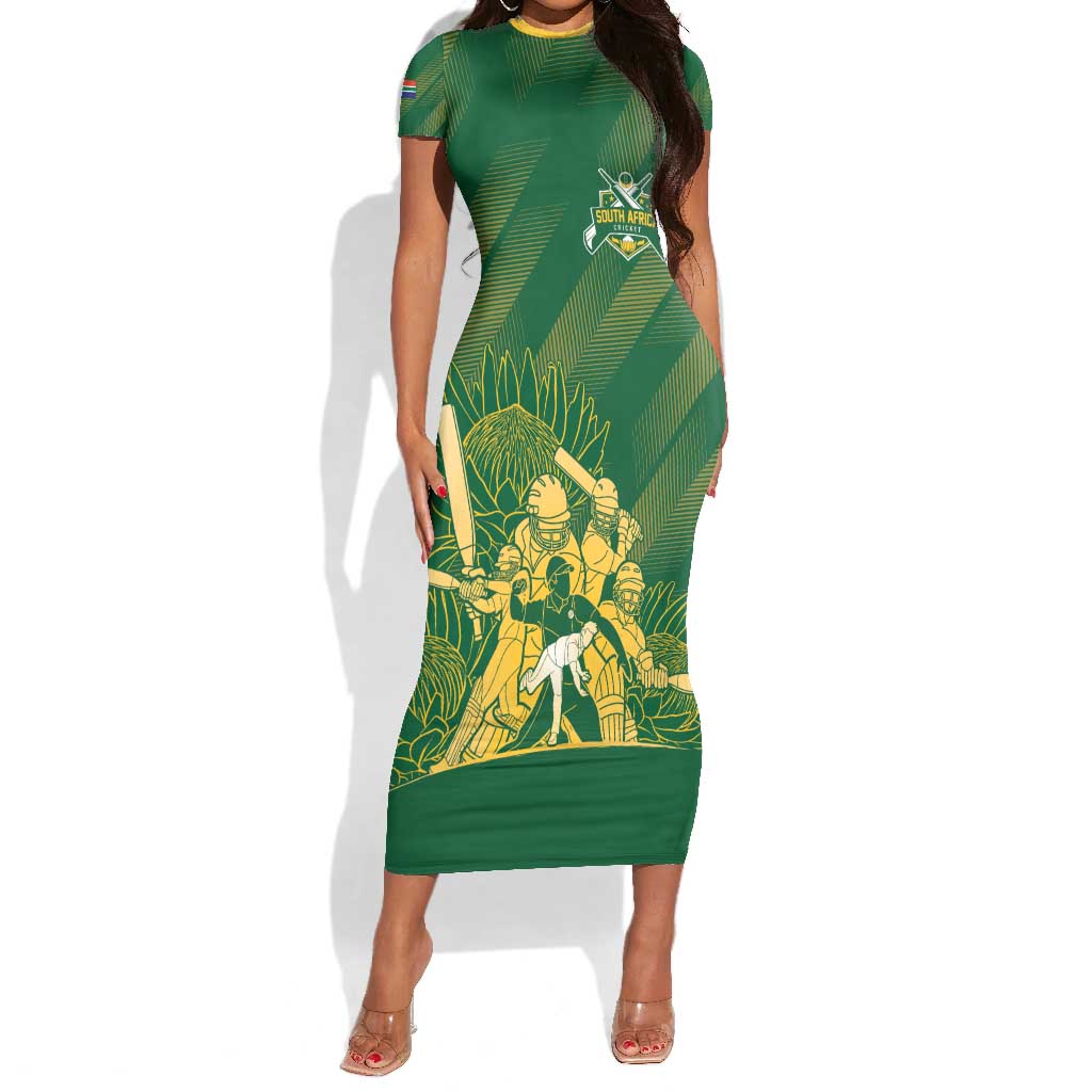 Custom South Africa Cricket Champion Short Sleeve Bodycon Dress Proteas Rock The World - African Pride