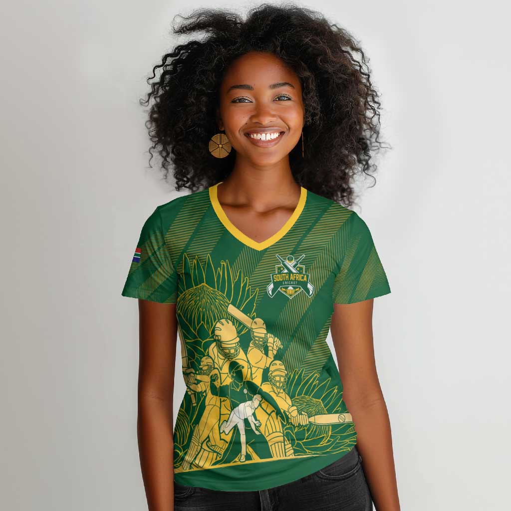 Custom South Africa Cricket Champion Women V-Neck T-Shirt Proteas Rock The World - African Pride