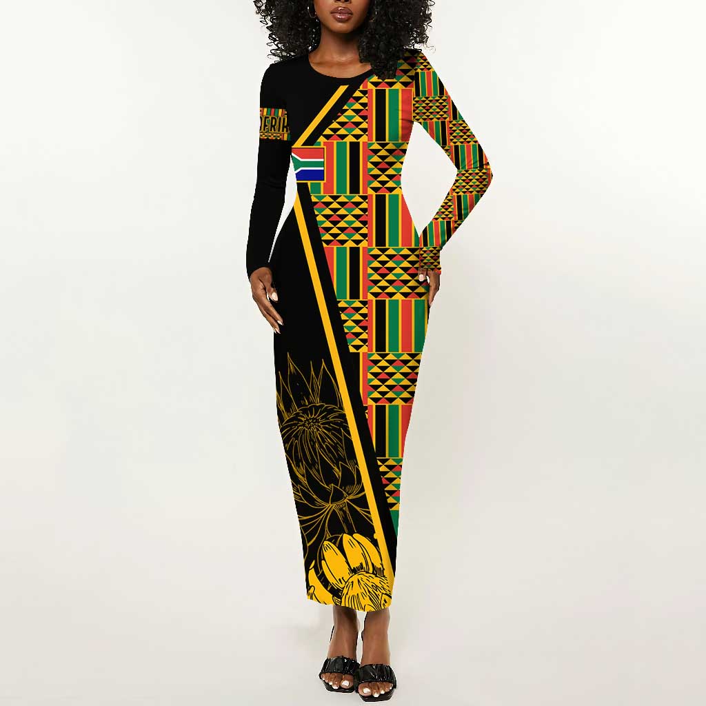 Personalised South African Heritage Day Long Sleeve Bodycon Dress Kente Ethnic Patterns Mix Protea by AfricanPride