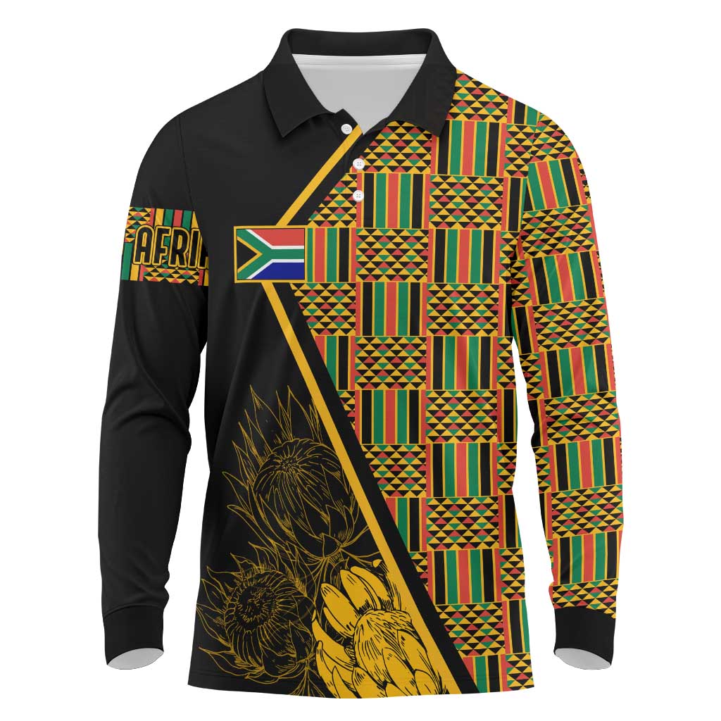 Personalised South African Heritage Day Long Sleeve Polo Shirt Kente Ethnic Patterns Mix Protea