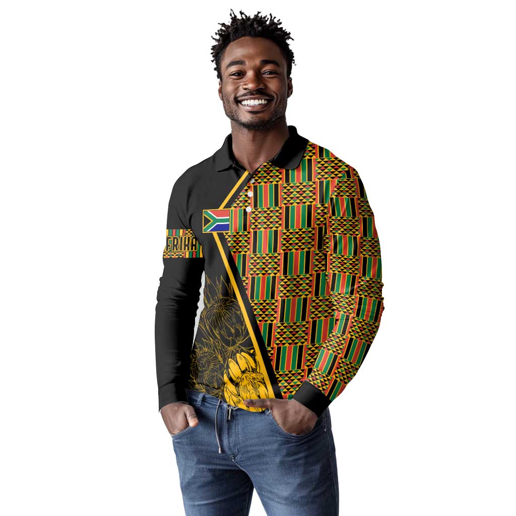 Personalised South African Heritage Day Long Sleeve Polo Shirt Kente Ethnic Patterns Mix Protea