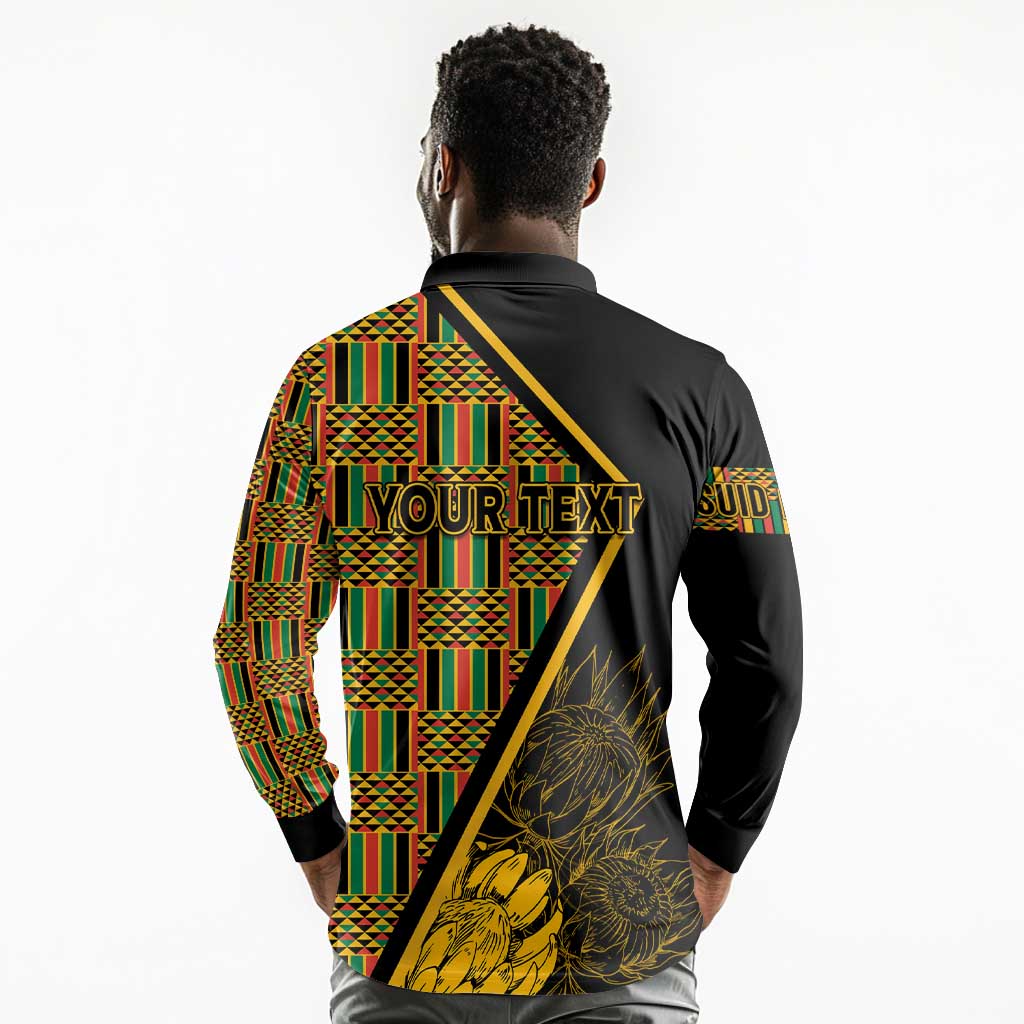 Personalised South African Heritage Day Long Sleeve Polo Shirt Kente Ethnic Patterns Mix Protea