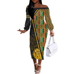 Personalised South African Heritage Day Off The Shoulder Long Sleeve Dress Kente Ethnic Patterns Mix Protea