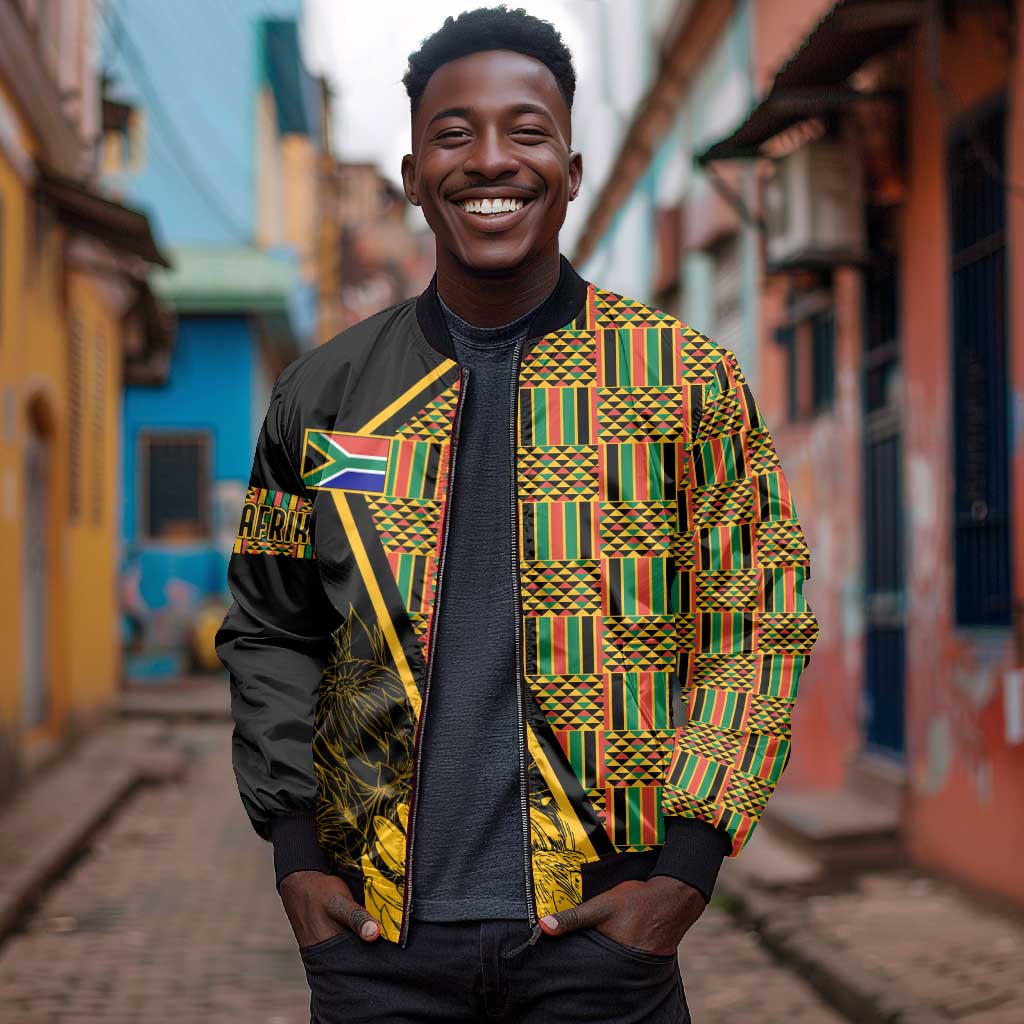 Personalised South African Heritage Day Sleeve Zip Bomber Jacket Kente Ethnic Patterns Mix Protea