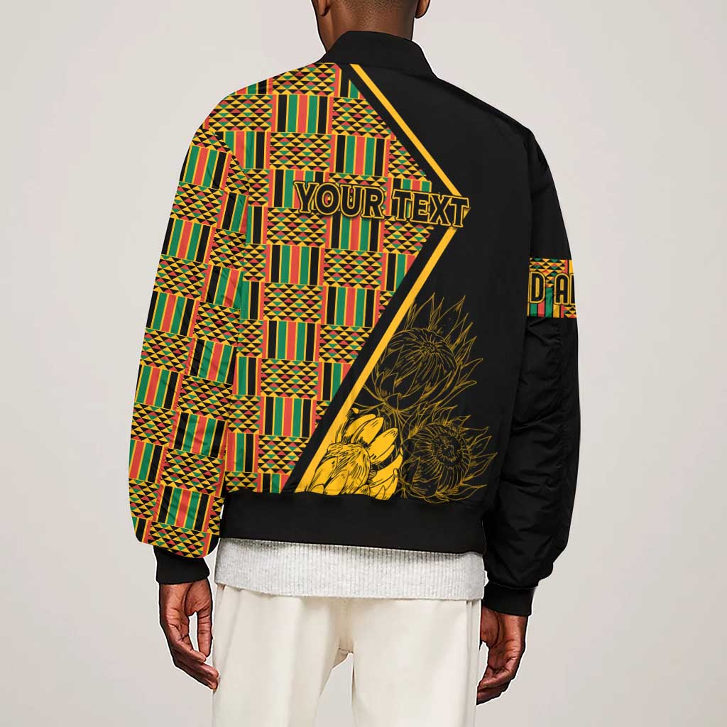 Personalised South African Heritage Day Sleeve Zip Bomber Jacket Kente Ethnic Patterns Mix Protea