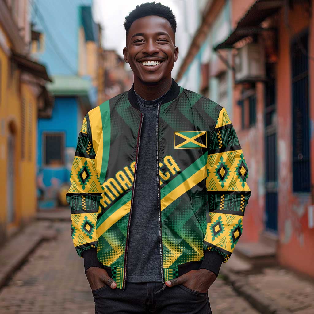 Personalised Jamaica Sleeve Zip Bomber Jacket Kente Pattern Basic - Black
