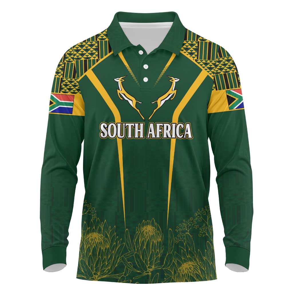 Personalised South African Heritage Day Long Sleeve Polo Shirt Kente Ethnic Patterns Mix Springboks