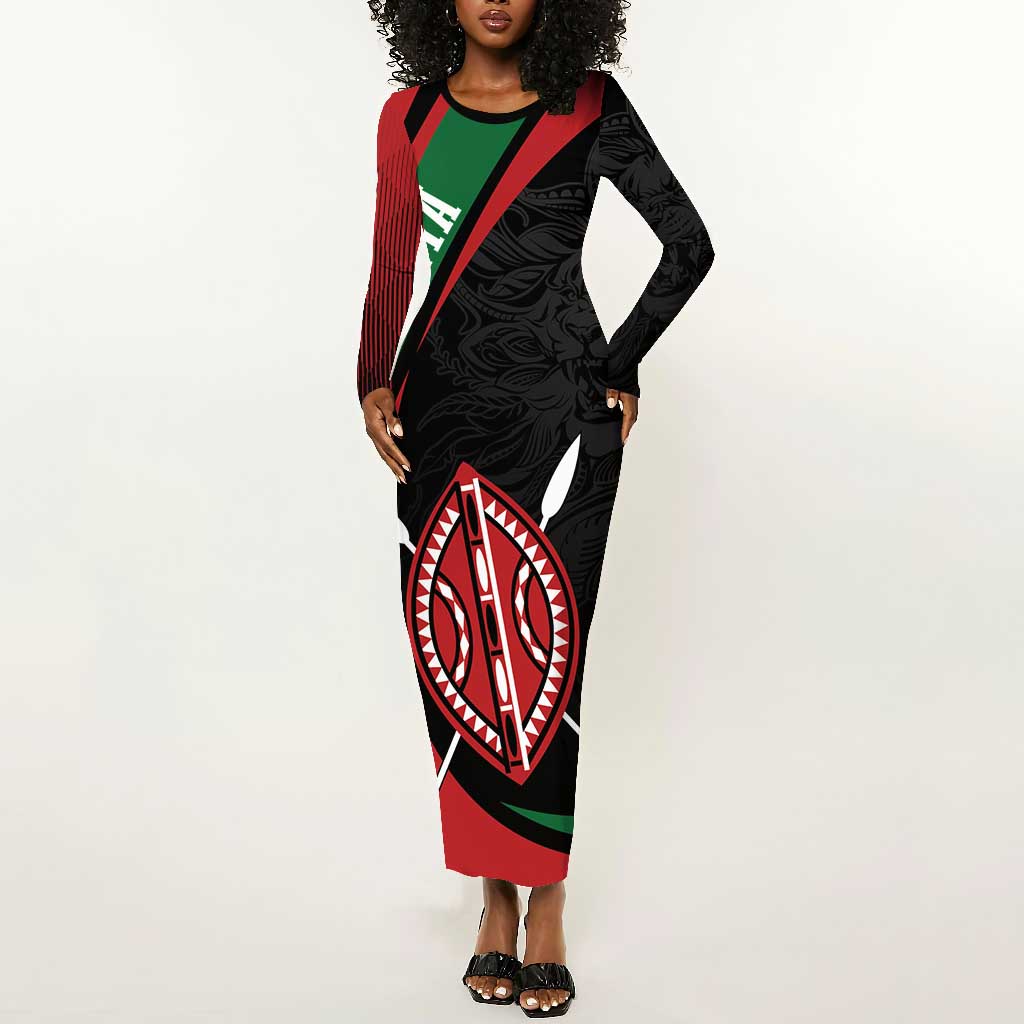 Kenya Personalized Long Sleeve Bodycon Dress Mashujaa Day Lion Warrior LT7