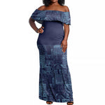 Yoruba Adire Eleko Patterns Off Shoulder Maxi Dress Indigo Vintage
