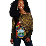Pura Vida Costa Rica Personalized Off Shoulder Sweater Oxcart Ornate Inspired Gold Pattern - African Pride