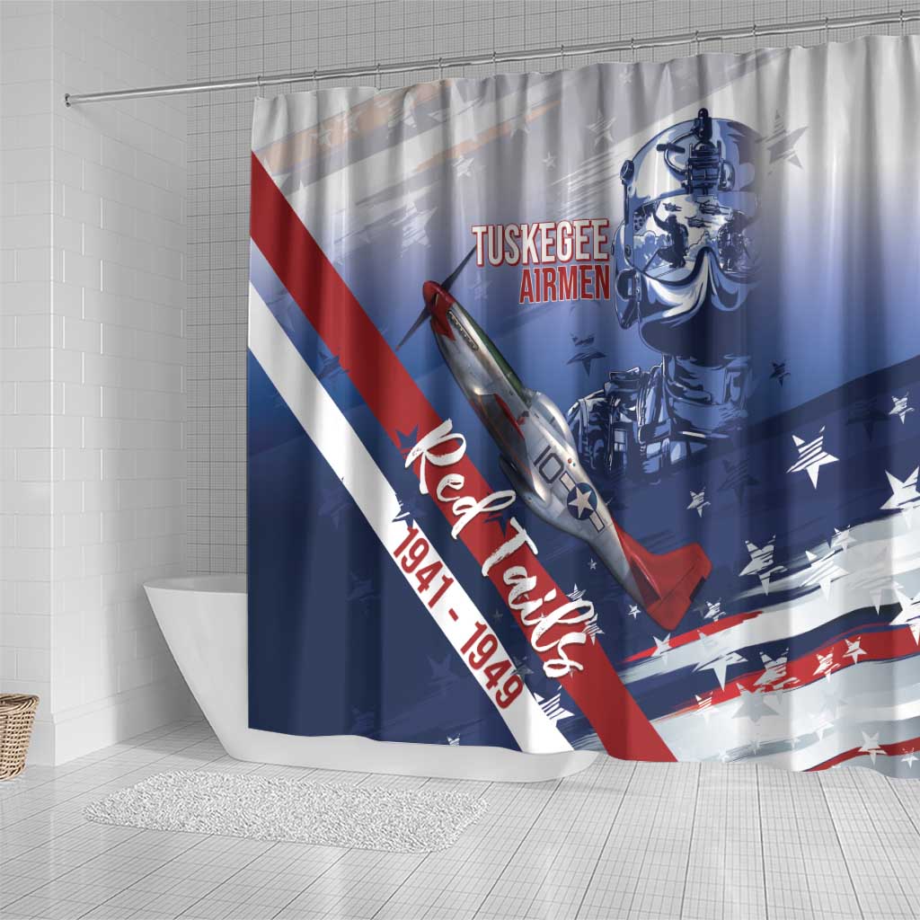 Tuskegee Airmen Red Tails Shower Curtain Straighten Up and Fly Right - Blue White - African Pride