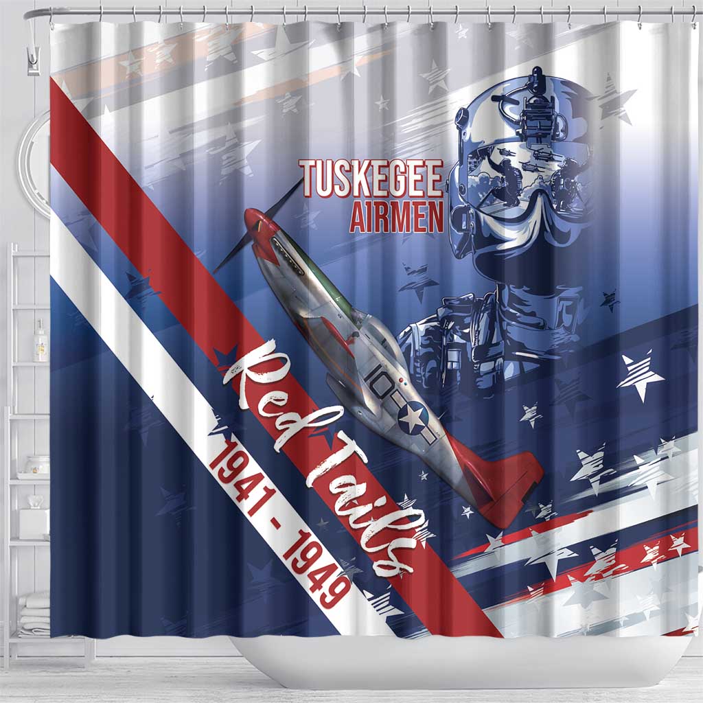 Tuskegee Airmen Red Tails Shower Curtain Straighten Up and Fly Right - Blue White - African Pride