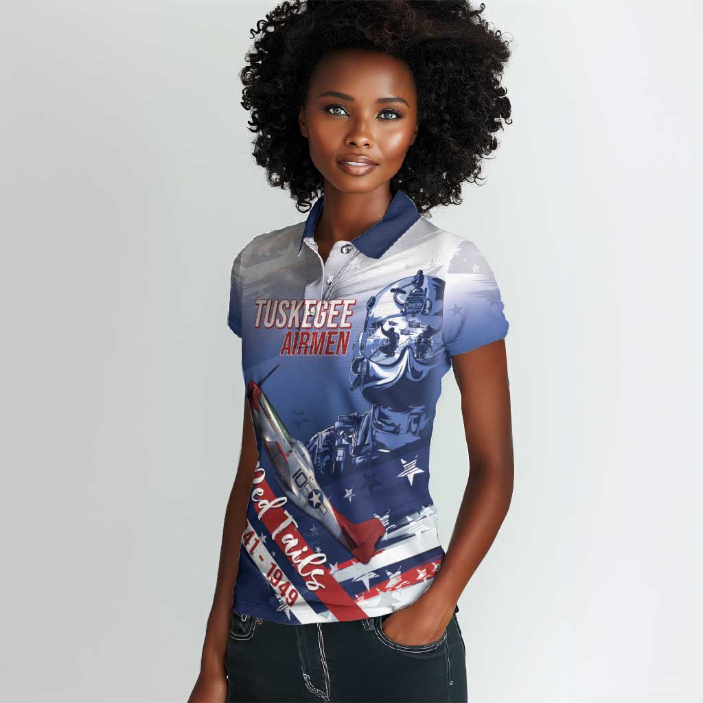 Tuskegee Airmen Red Tails Women Polo Shirt Straighten Up and Fly Right - Blue White - African Pride