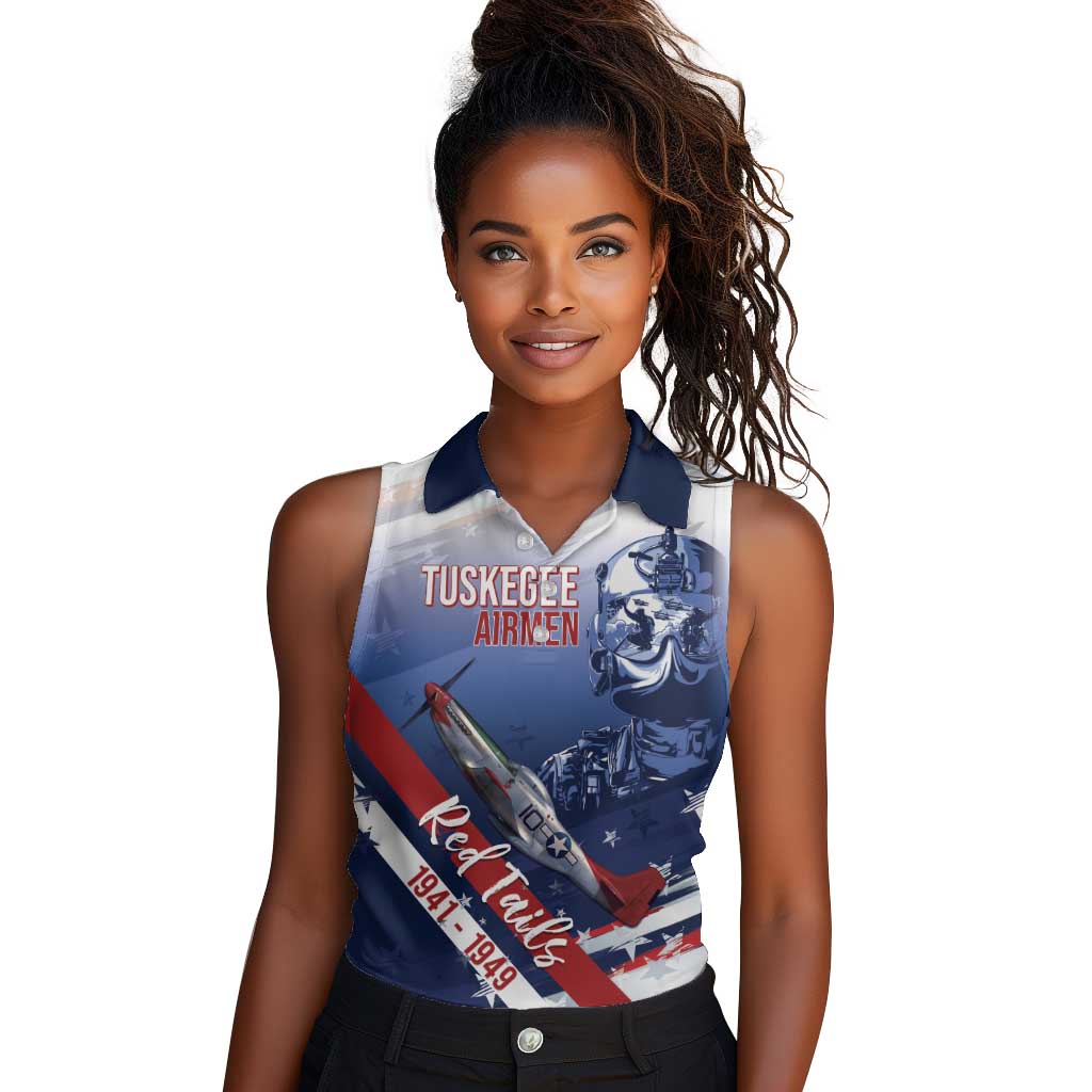Tuskegee Airmen Red Tails Women Sleeveless Polo Shirt Straighten Up and Fly Right - Blue White - African Pride