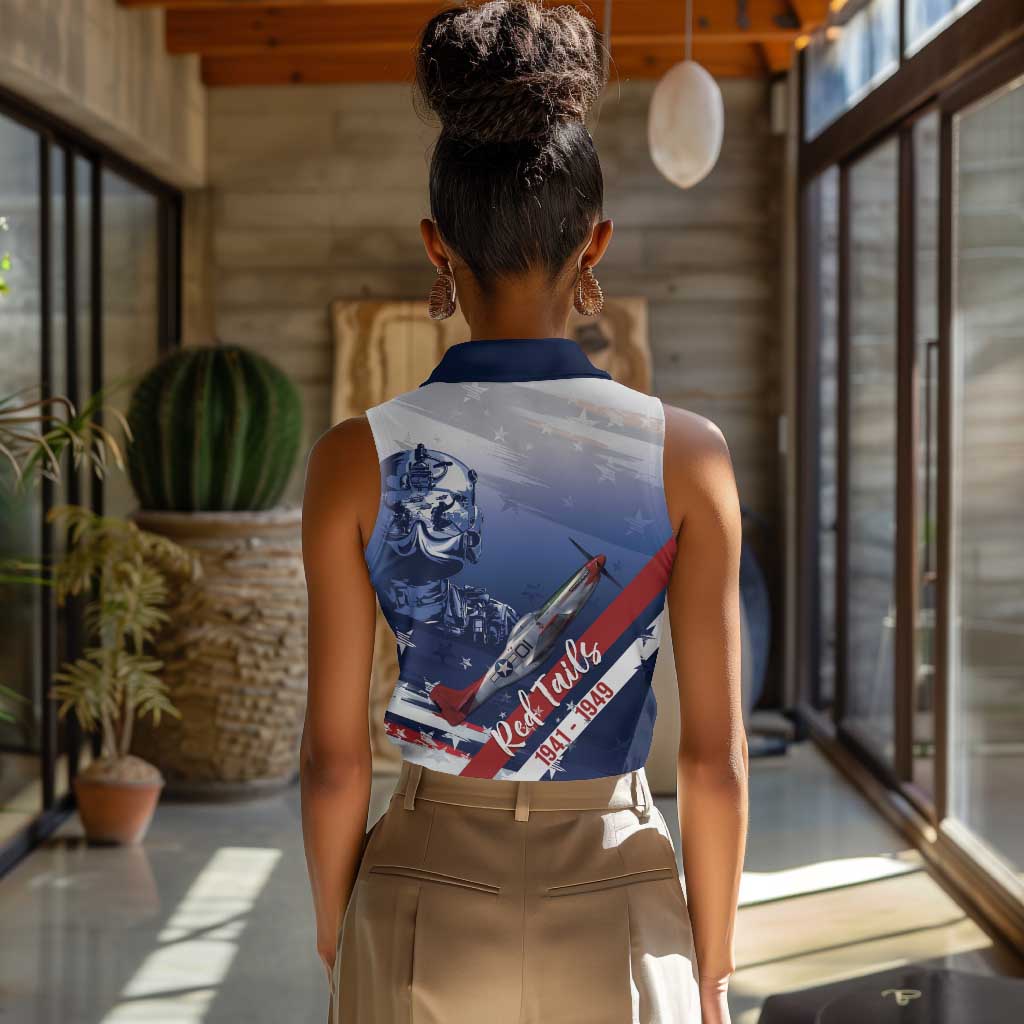Tuskegee Airmen Red Tails Women Sleeveless Polo Shirt Straighten Up and Fly Right - Blue White - African Pride