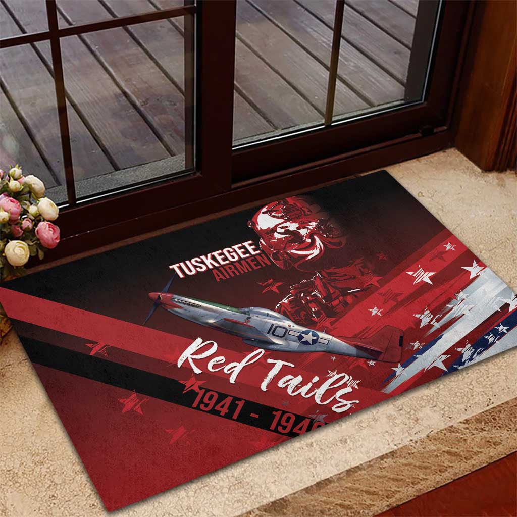 Tuskegee Airmen Red Tails Rubber Doormat Straighten Up and Fly Right - Black Red - African Pride