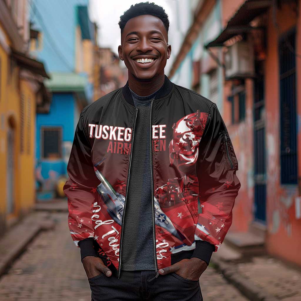 Tuskegee Airmen Red Tails Sleeve Zip Bomber Jacket Straighten Up and Fly Right - Black Red - African Pride