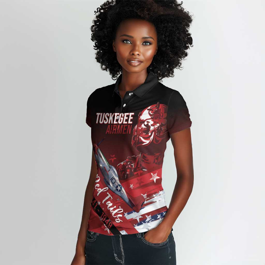 Tuskegee Airmen Red Tails Women Polo Shirt Straighten Up and Fly Right - Black Red - African Pride
