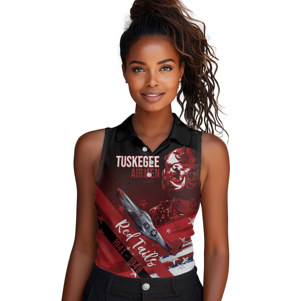 Tuskegee Airmen Red Tails Women Sleeveless Polo Shirt Straighten Up and Fly Right - Black Red - African Pride