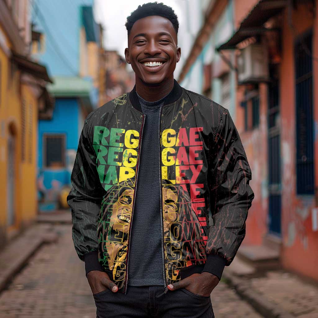 Reggae King Marley Bomber Jacket Typeset Grunge Style