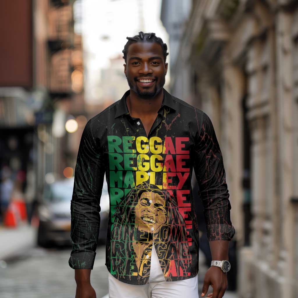 Reggae King Marley Long Sleeve Button Shirt Typeset Grunge Style