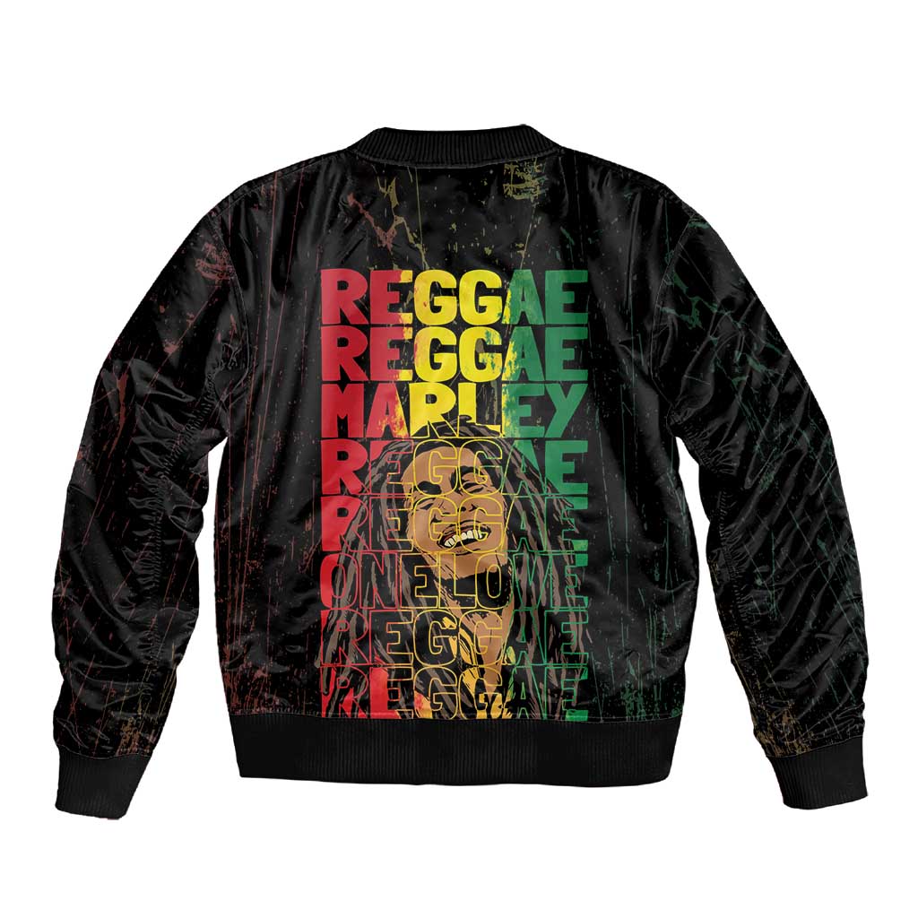 Reggae King Marley Sleeve Zip Bomber Jacket Typeset Grunge Style