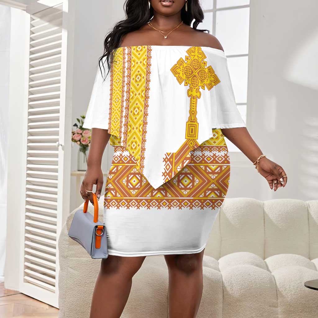 Habesha Motifs Ethiopia Off Shoulder Short Dress Tilet White Gold by AfricanPride Habesha Motifs Ethiopia Off Shoulder Short Dress Tilet White Gold by AfricanPride