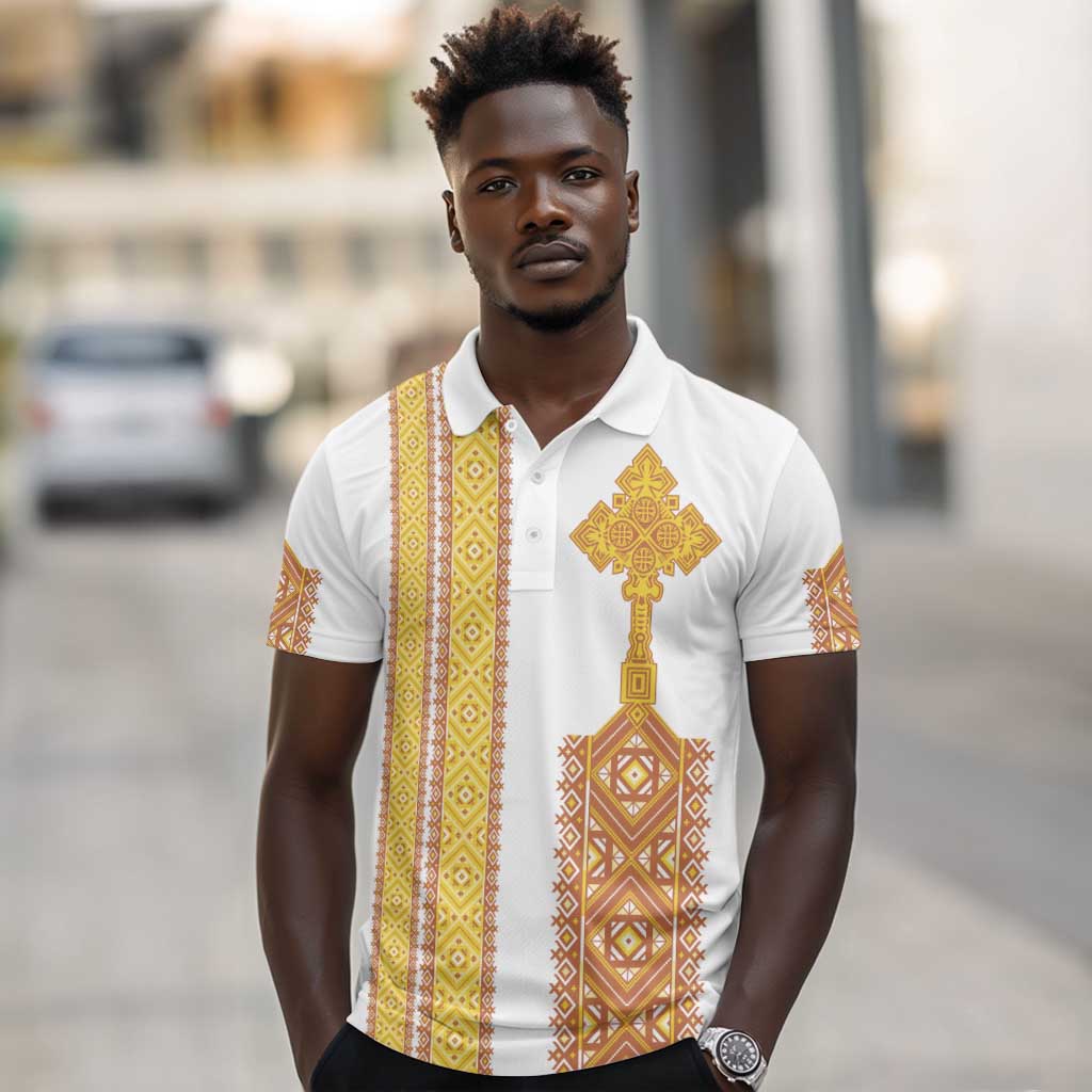 Habesha Motifs Ethiopia Polo Shirt Tilet White Gold