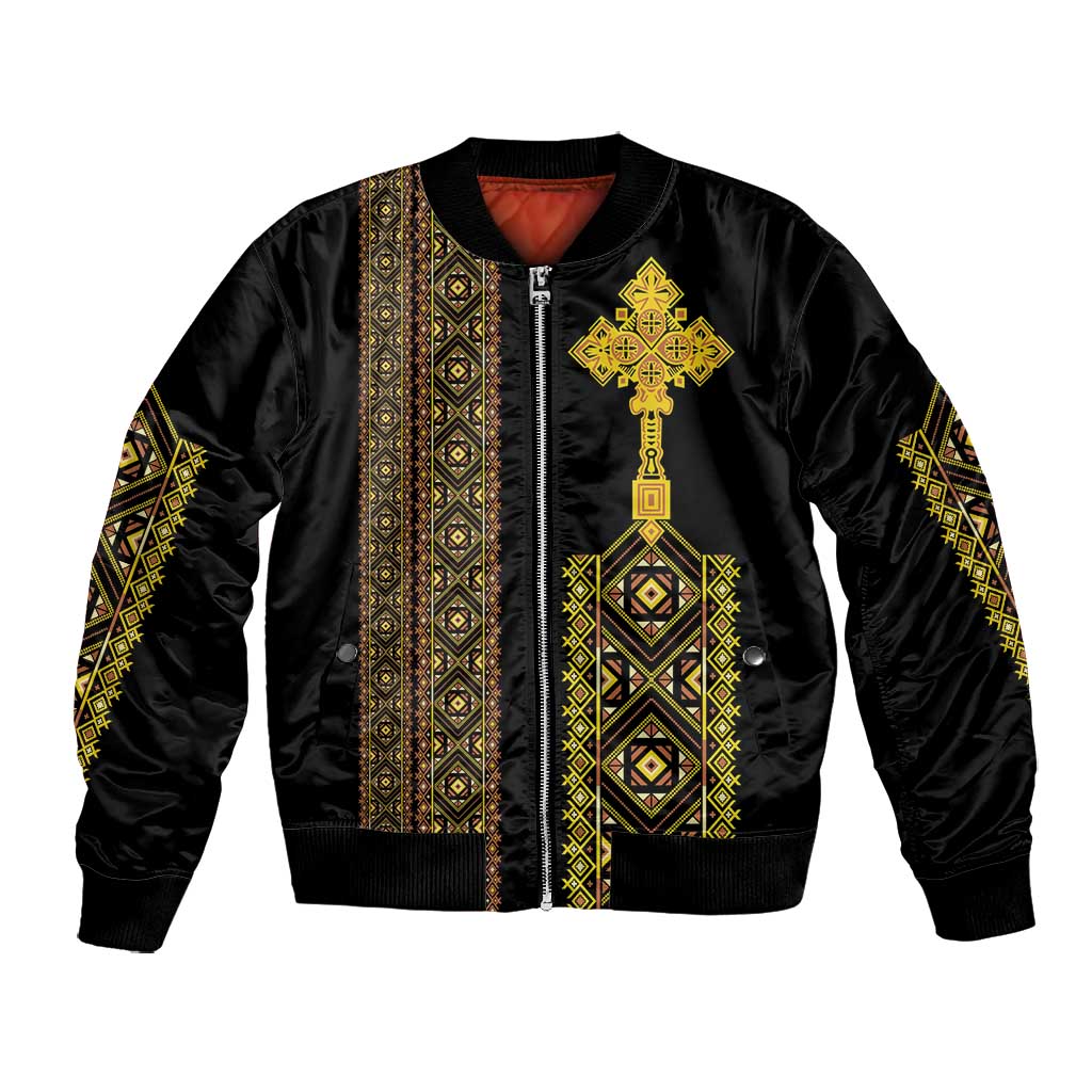 Eritrea Sleeve Zip Bomber Jacket Tilet Habesha Style - Black LT7