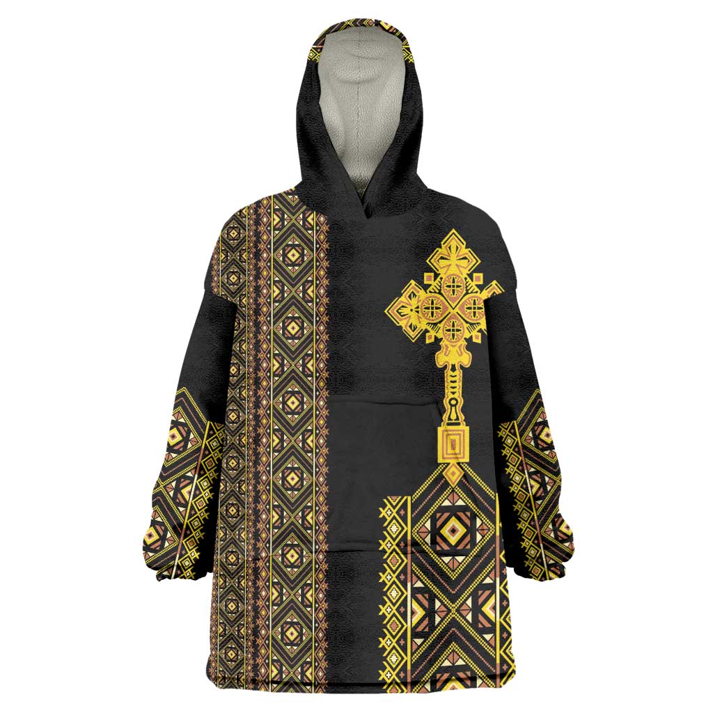 Habesha Motifs Ethiopia Kid Wearable Blanket Hoodie Tilet Black Gold