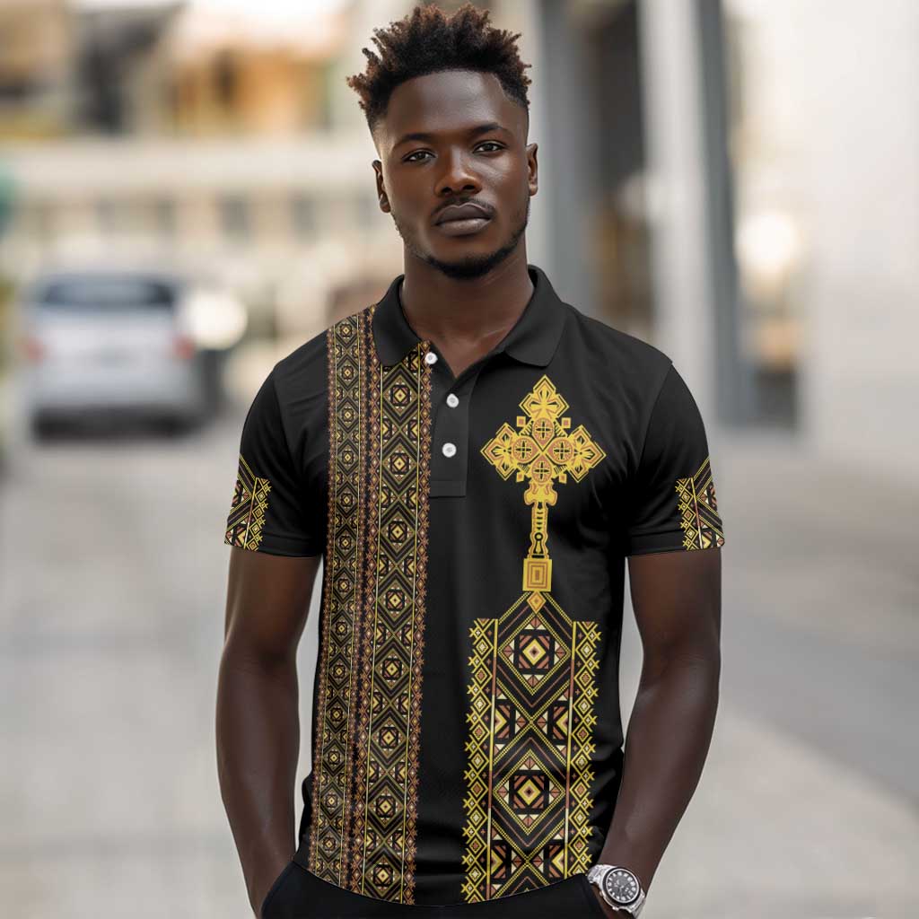 Habesha Motifs Ethiopia Polo Shirt Tilet Black Gold
