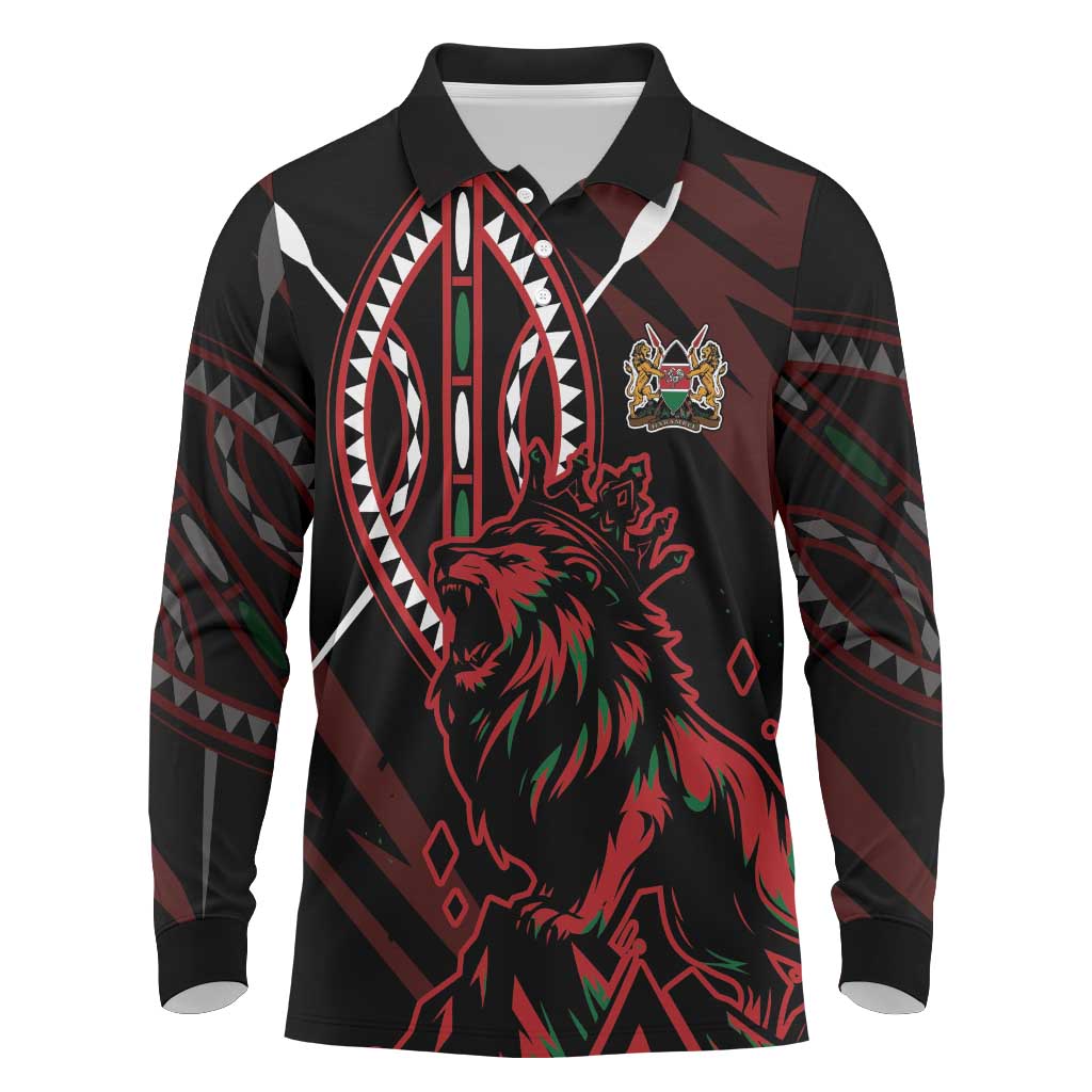 Kenya Personalized Lion Long Sleeve Polo Shirt Stylized Maasai Shield - African Pride