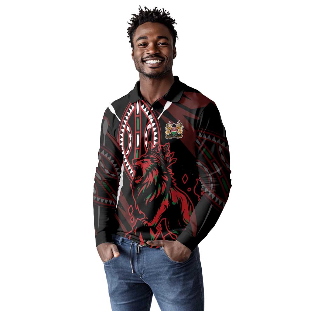 Kenya Personalized Lion Long Sleeve Polo Shirt Stylized Maasai Shield - African Pride