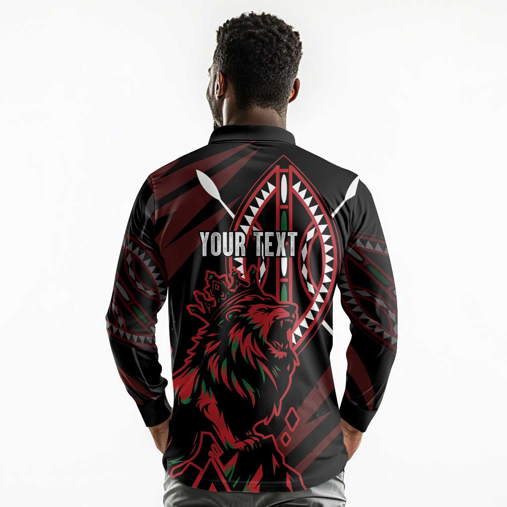 Kenya Personalized Lion Long Sleeve Polo Shirt Stylized Maasai Shield - African Pride