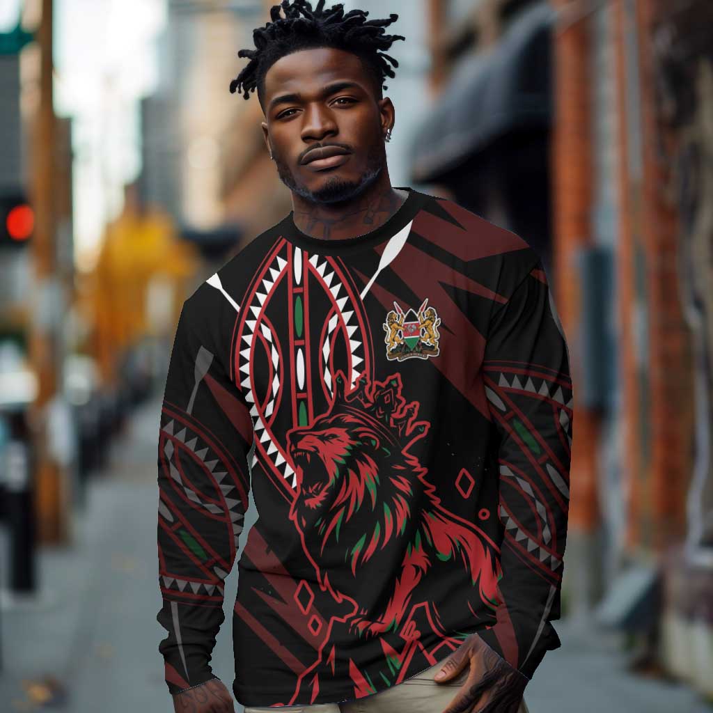 Kenya Personalized Lion Long Sleeve Shirt Stylized Maasai Shield - African Pride