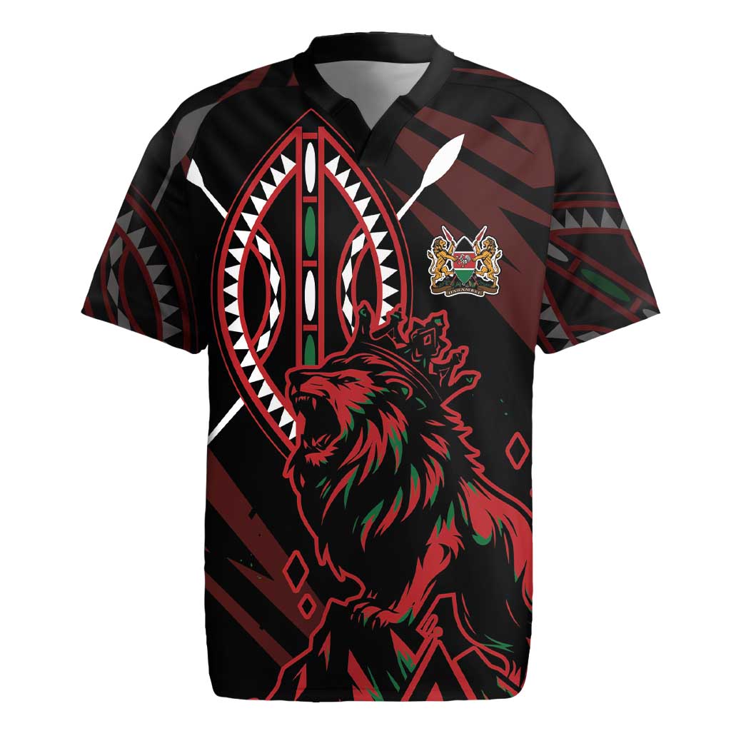 Kenya Personalized Lion Rugby Jersey Stylized Maasai Shield - African Pride