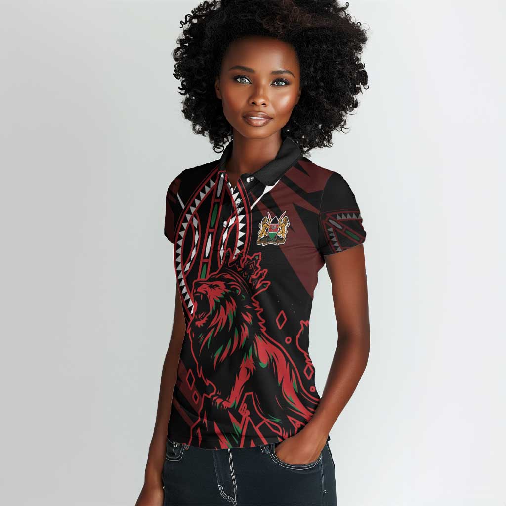 Kenya Personalized Lion Women Polo Shirt Stylized Maasai Shield - African Pride