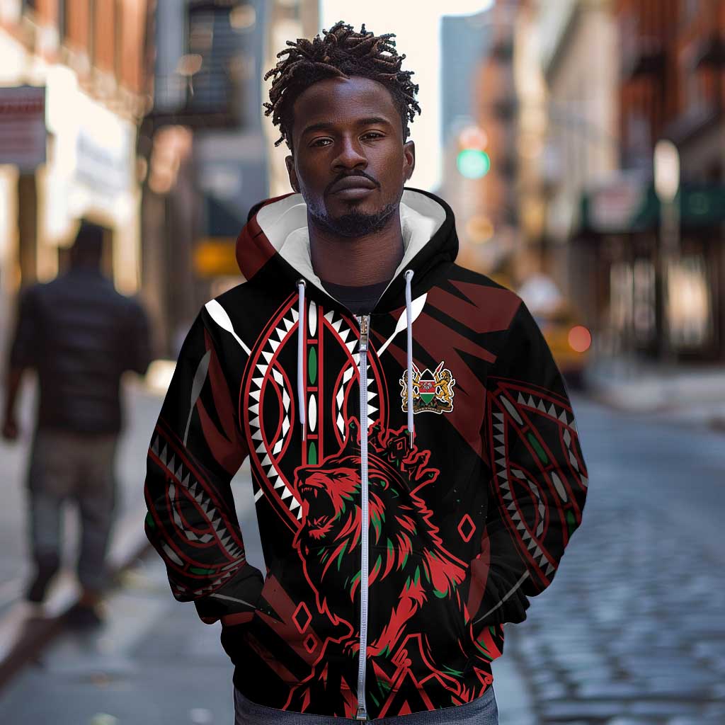 Kenya Personalized Lion Zip Hoodie Stylized Maasai Shield - African Pride