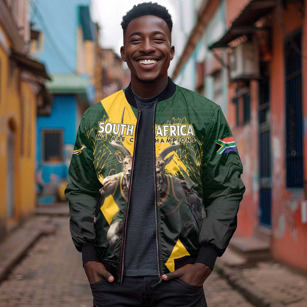 Personalised South Africa Rugby Sleeve Zip Bomber Jacket Proud Bokke We Are Champions