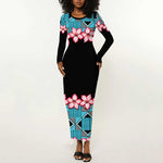 African Adenium Multiflorum Flowers Long Sleeve Bodycon Dress with Kente Style LT9