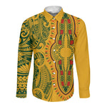 Dashiki and Polynesian Pattern Long Sleeve Button Shirt Afro Pacific Culture Gold Version