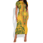 Dashiki and Polynesian Pattern Short Sleeve Bodycon Dress Afro Pacific Culture Gold Version LT9