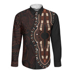 Dashiki and Polynesian Pattern Long Sleeve Button Shirt Afro Pacific Culture Red Version