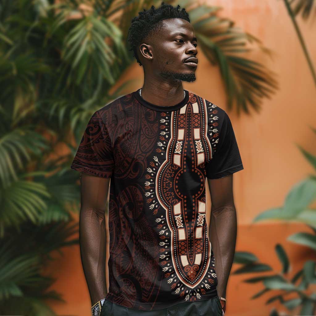 Dashiki and Polynesian Pattern T shirt Afro Pacific Culture Red Version