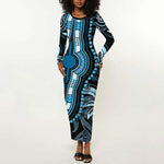 Polynesia Mixed African Dashiki Long Sleeve Bodycon Dress Afro-pacific Culture - Blue LT9